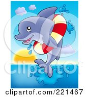 Royalty Free RF Clipart Illustration Of A Cute Dolphin Jumping And Wearing A Life Buoy