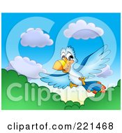Royalty Free RF Clipart Illustration Of A Blue Parrot Flying Above Trees