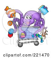 Poster, Art Print Of Purple Octopus Holding Items And Sitting In A Shopping Cart