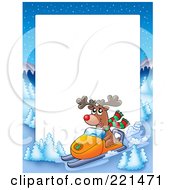 Christmas Frame Border Of A Winter Landscape And Rudolph Snowmobiling Around White Space