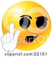 Clipart Illustration Of A Yellow Emoticon Face With Big Black Eyes And An Open Mouth Holding Up His Hand And Arguing Or With An Idea