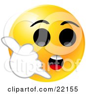 Clipart Illustration Of A Yellow Emoticon Face With Big Black Eyes Holding His Hand Up Like A Celll Phone And Hollering For Someone To Call Him by Tonis Pan