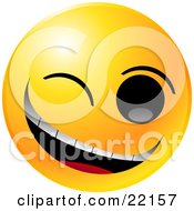 Poster, Art Print Of Yellow Emoticon Face Winking And Grinning While Flirting Or Joking