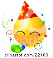 Clipart Illustration Of A Yellow Emoticon Face Wearing A Party Hat And Blowing On A Noise Maker At A Party by Tonis Pan #COLLC22160-0042