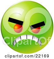 Poster, Art Print Of Green Emoticon Face With Red Eyes Gritting Its Teeth Symbolizing Anger And Bullying