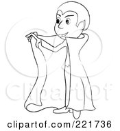 Royalty Free RF Clipart Illustration Of A Coloring Page Outline Of A Boy In A Vampire Costume Holding Open His Cape by Pams Clipart