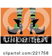 Poster, Art Print Of Witchs Feet With Green Purple And Black Stockings And Pointed Shoes Above Trick Or Treat On Orange
