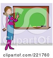 Poster, Art Print Of Beautiful Brunette Caucasian Teacher Holding Chalk And Smiling By A Blank Board