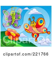 Royalty Free RF Clipart Illustration Of Happy Butterflies By A Red Daisy 2
