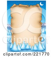Royalty Free RF Clipart Illustration Of A Aged Christmas Parchment Page With Flocked Evergreens Over A Winter Landscape