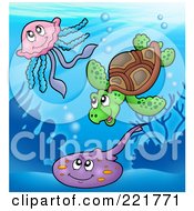 Poster, Art Print Of Cute Sea Turtle Squid And Ray