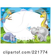 Poster, Art Print Of Border Of A Parrot Hippo Snake Elephant And Giraffe Around White Space