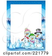 Poster, Art Print Of Christmas Frame Border Of A Winter Landscape And Snowman Family Around White Space