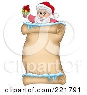 Royalty Free RF Clipart Illustration Of Santa Holding A Gift Over An Icy Parchment Scroll Page