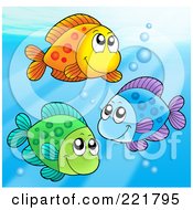 Royalty Free RF Clipart Illustration Of A Trio Of Cute Colorful Fish And Bubbles