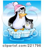 Royalty Free RF Clipart Illustration Of A Mother And Baby Penguin Sitting On Ice