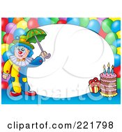 Poster, Art Print Of Border Of Party Balloons Cake And A Clown Around White Oval Space