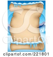 Royalty Free RF Clipart Illustration Of A Christmas Parchment Scroll With Snow And Icicles Over A Winter Landscape