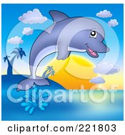 Royalty Free RF Clipart Illustration Of A Cute Dolphin Jumping At Sunset
