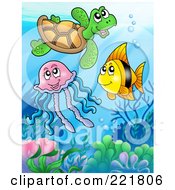 Royalty Free RF Clipart Illustration Of A Cute Sea Turtle With A Fish And Jellyfish