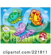 Royalty Free RF Clipart Illustration Of Three Butterflies Above Mushrooms And A Flower