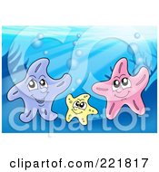 Royalty Free RF Clipart Illustration Of A Trio Of Happy Starfish At The Bottom Of The Sea