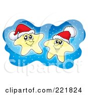 Poster, Art Print Of Two Glowing Christmas Stars With Santa Hats In The Sky