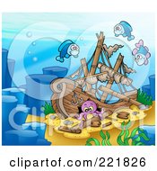 Poster, Art Print Of Three Fish And An Octopus By A Sunken Ship