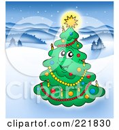 Poster, Art Print Of Happy Christmas Tree Character With A Glowing Star In A Winter Landscape