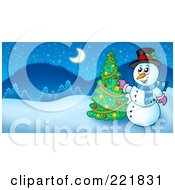 Poster, Art Print Of Christmas Snowman Decorating A Tree In A Winter Landscape