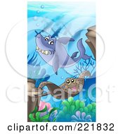 Poster, Art Print Of Shark And Sting Ray Swimming By A Sunken Ship