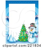 Poster, Art Print Of Christmas Frame Border Of A Winter Landscape And Snowman Decorating A Tree Around White Space
