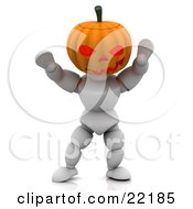 Poster, Art Print Of White Character With A Carved Jackolantern Pumpkin Head Walking Around With His Arms Up On Halloween And Scaring Children