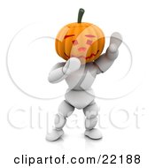 Poster, Art Print Of Funny White Character With A Carved Jackolantern Pumpkin Head With A Friendly Expression Walking Around On Halloween And Waving
