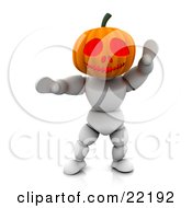 Poster, Art Print Of White Character With A Carved Jackolantern Pumpkin Head With Big Eyes Walking Around On Halloween And Scaring Children