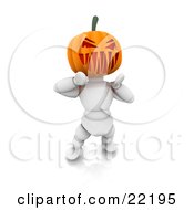 Poster, Art Print Of White Character With A Carved Jackolantern Pumpkin Head Walking Around On Halloween And Scaring Children