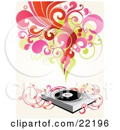 Poster, Art Print Of Group Of Red Pink Green And Orange Scrolls Circles And Flowers Above A Record Music Player With Pink Floral Vines