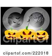 Royalty Free RF Clipart Illustration Of Moonlight Shining Down On 3d Halloween Pumpkins Under Bare Trees And Bats