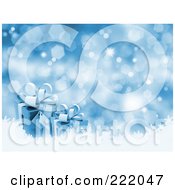 Poster, Art Print Of 3d Blue Gift Boxes Over Snow On A Glittery Blue Background
