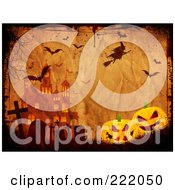 Royalty Free RF Clipart Illustration Of A Witch And Bats Above A Cemetery Halloween Pumpkins And Haunted House On Grungy Parchment by KJ Pargeter