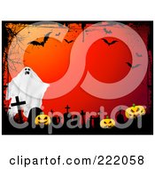 Poster, Art Print Of Ghost Over Tombstones And Pumpkins On Red With Grunge Webs And Bats