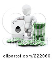 3d White Character With Poker Chips And A Playing Card