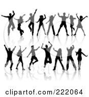 Royalty Free RF Clipart Illustration Of A Digital Collage Of Black Silhouetted People Having Fun Jumping And Dancing