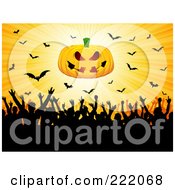 Silhouetted Crowd Partying Under A Jack O Lantern And Vampire Bats On Yellow