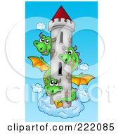 Three Headed Dragon Around A Castle Tower In The Sky