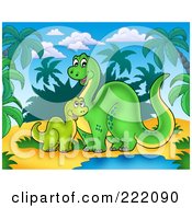 Poster, Art Print Of Cute Mother And Baby Brontosaurus Dinos Sitting By A Water Hole In A Tropical Landscape