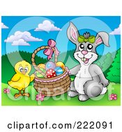 Poster, Art Print Of Chick And Easter Bunny Putting Eggs In A Basket