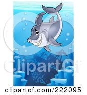 Poster, Art Print Of Grinning Shark Swimming Above A Sunken Ship In The Deep Sea