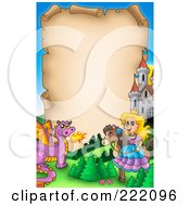 Royalty Free RF Clipart Illustration Of A Princess On Her Horse And Dragon By A Castle Around Aged Parchment