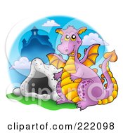 Poster, Art Print Of Purple Dragon Near A Cave And Castle - 1